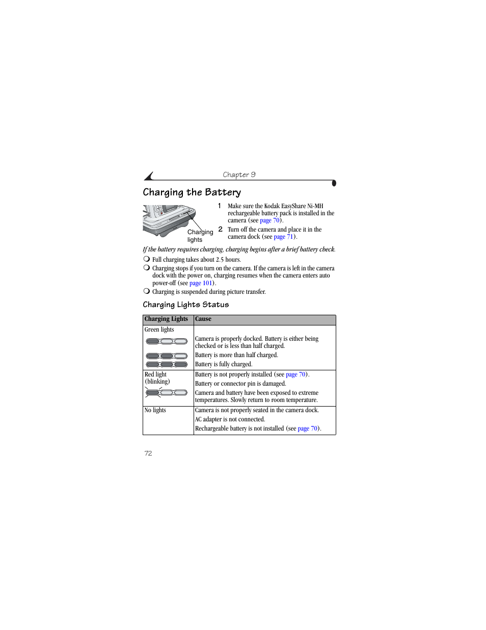 Charging the battery, Charging lights status | Kodak CX6230 User Manual | Page 84 / 126