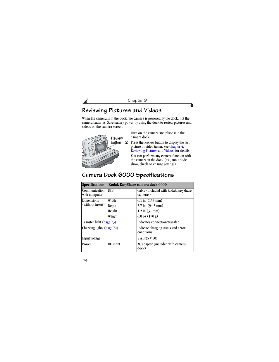 Reviewing pictures and videos, Camera dock 6000 specifications | Kodak CX6230 User Manual | Page 86 / 126