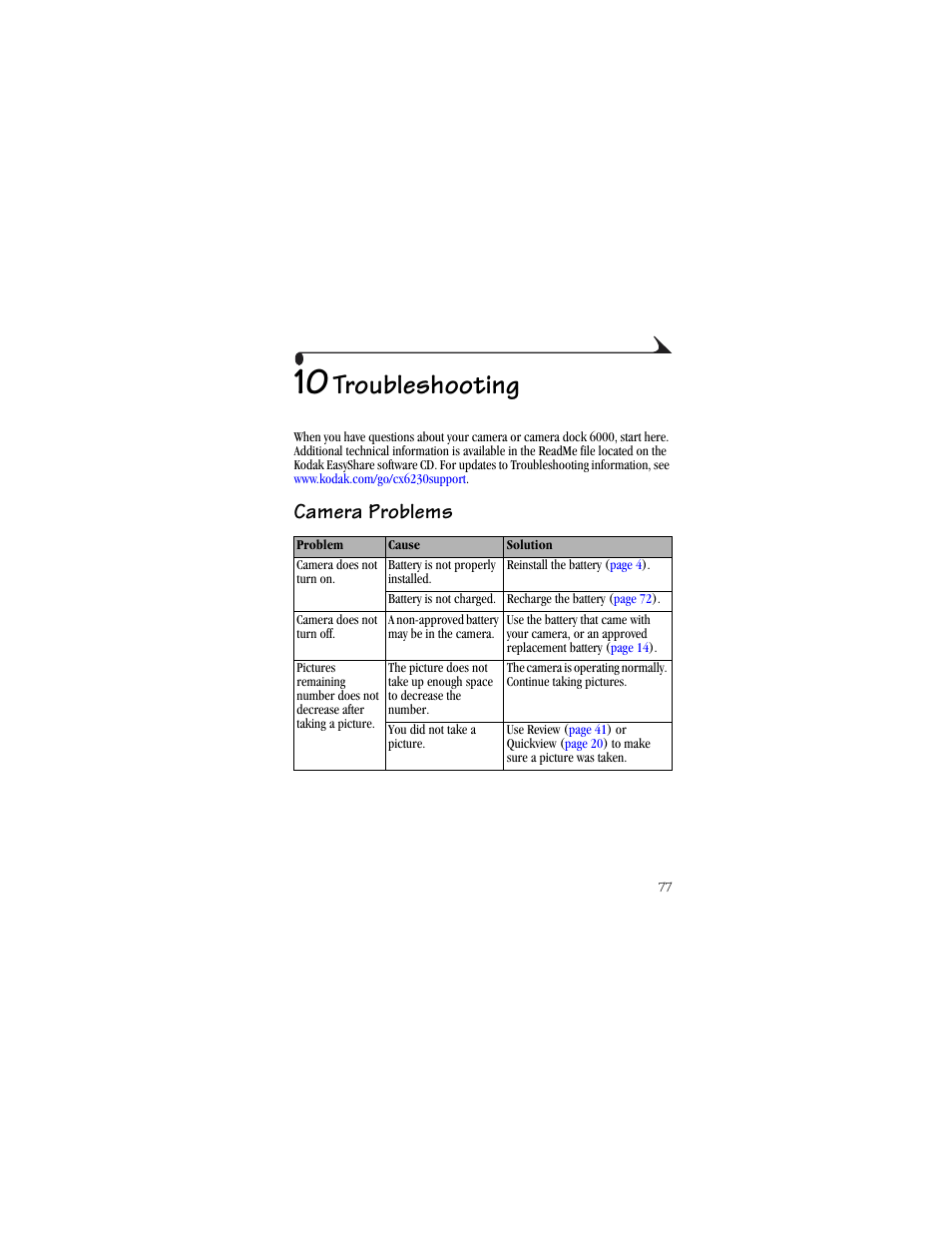 10 troubleshooting, Camera problems, Troubleshooting | Kodak CX6230 User Manual | Page 89 / 126