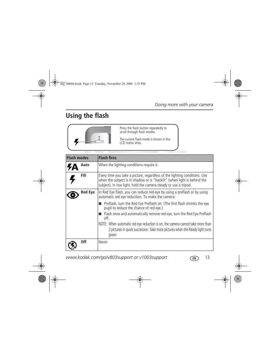 Using the flash | Kodak V1003 User Manual | Page 13 / 27