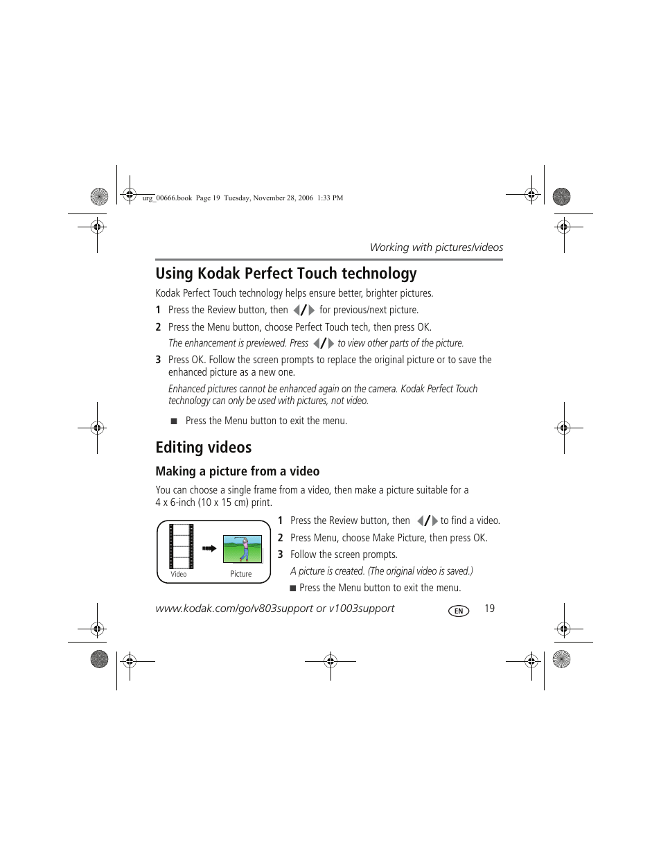 Using kodak perfect touch technology, Editing videos | Kodak V1003 User Manual | Page 19 / 27