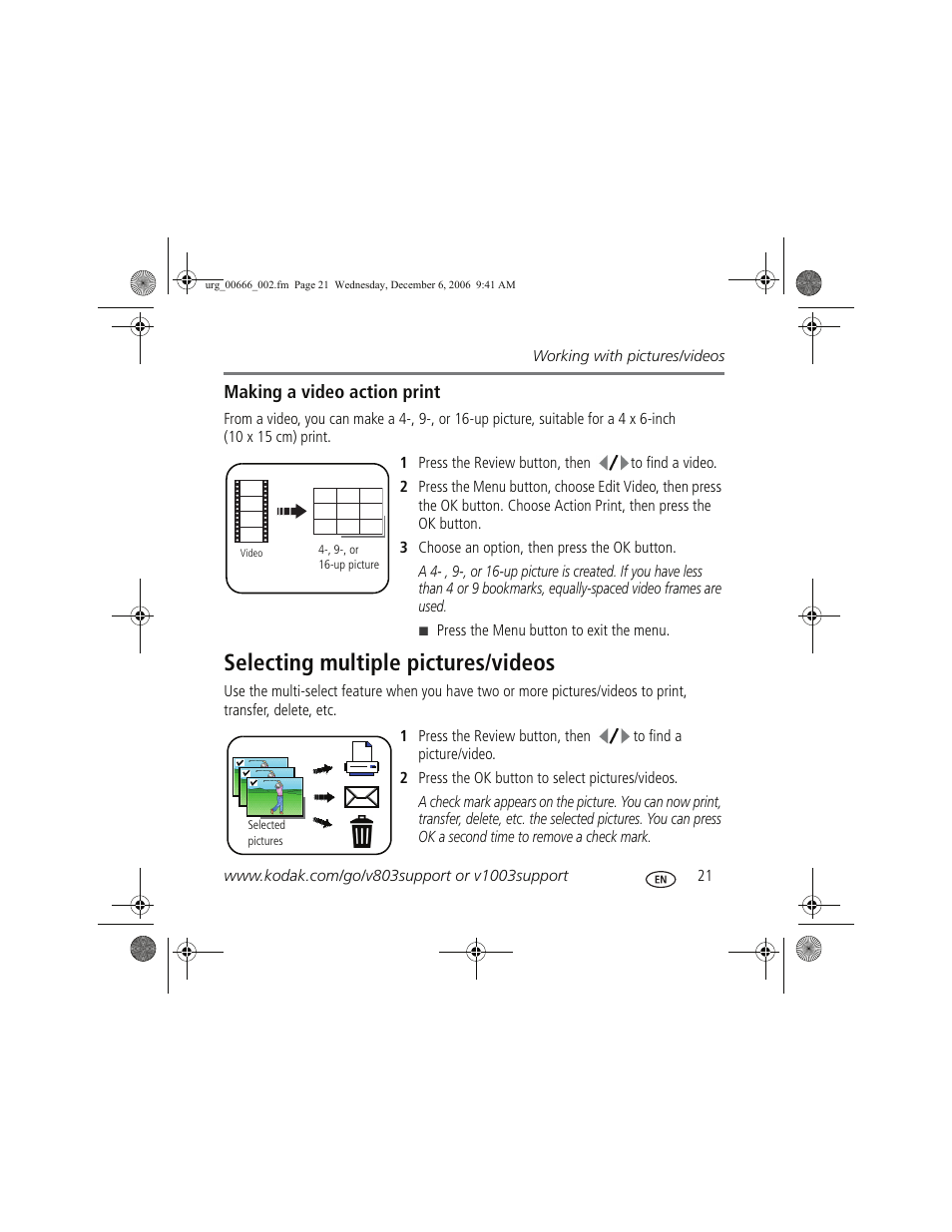 Selecting multiple pictures/videos | Kodak V1003 User Manual | Page 21 / 27