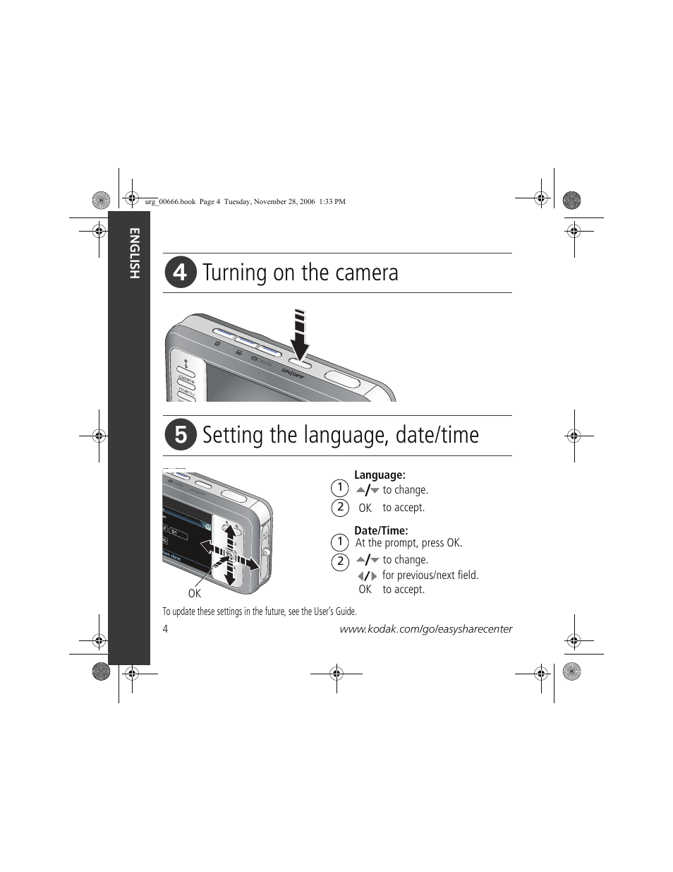 Turning on the camera, Setting the language, date/time | Kodak V1003 User Manual | Page 4 / 27