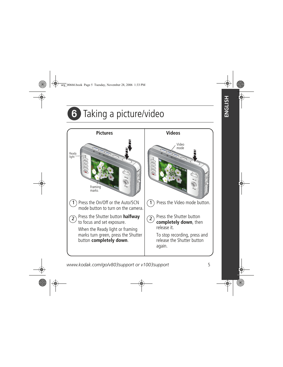 Taking a picture/video | Kodak V1003 User Manual | Page 5 / 27