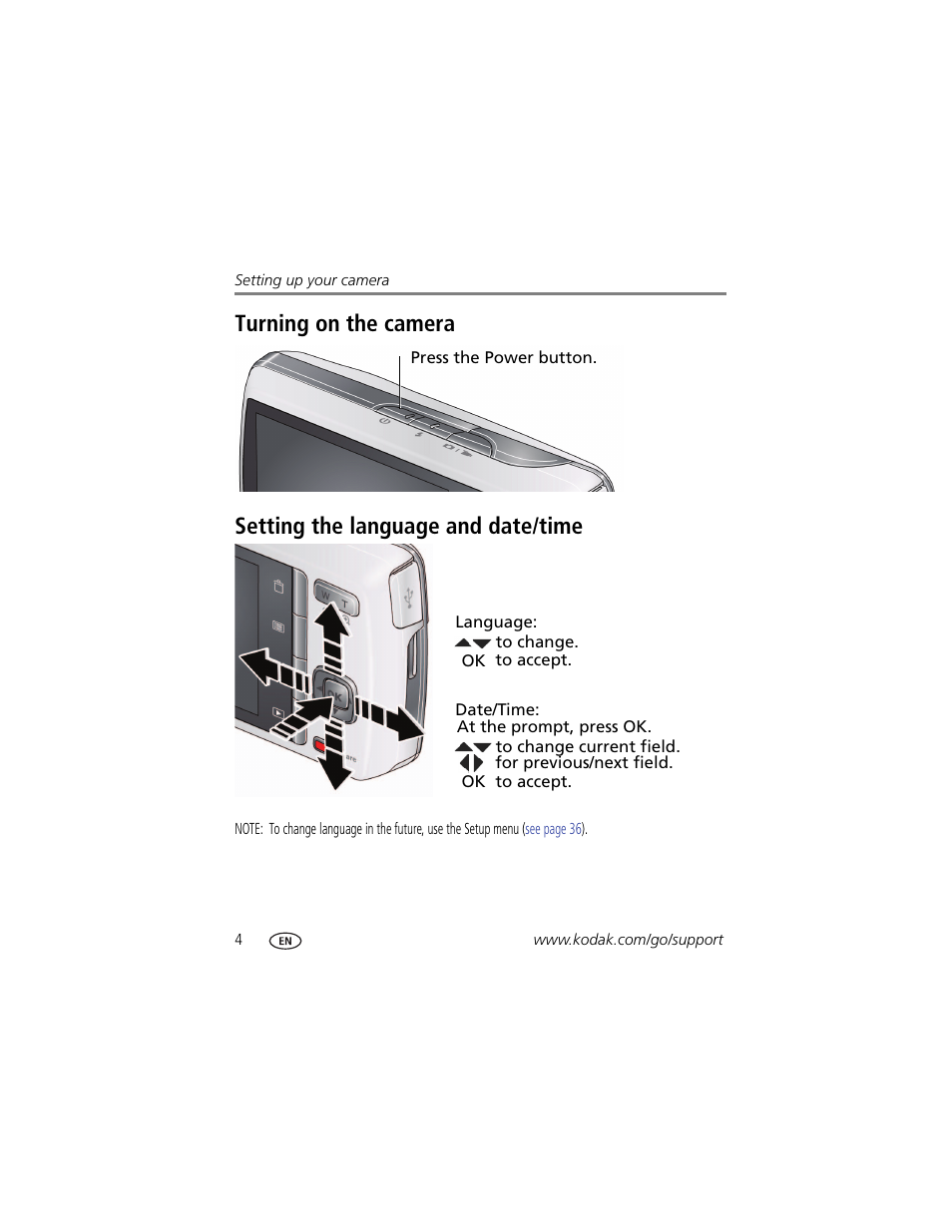 Turning on the camera, Setting the language and date/time | Kodak M550 User Manual | Page 10 / 68