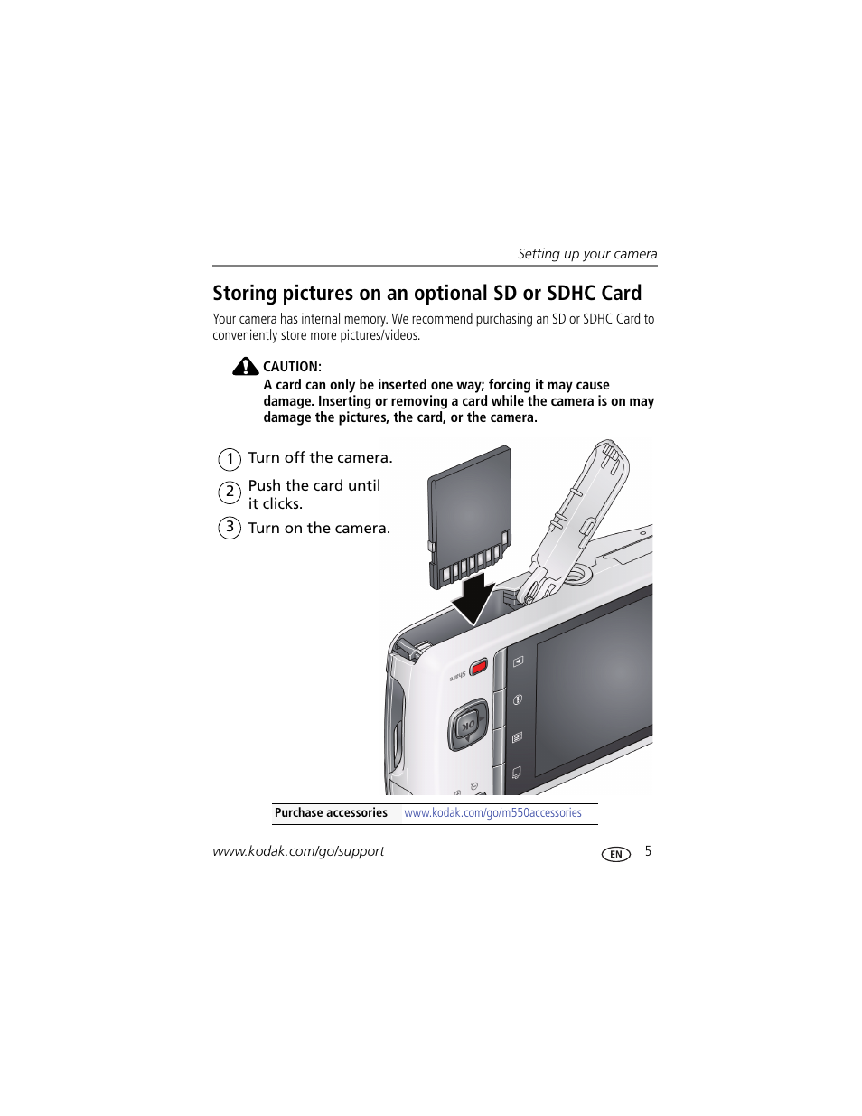 Storing pictures on an optional sd or sdhc card | Kodak M550 User Manual | Page 11 / 68