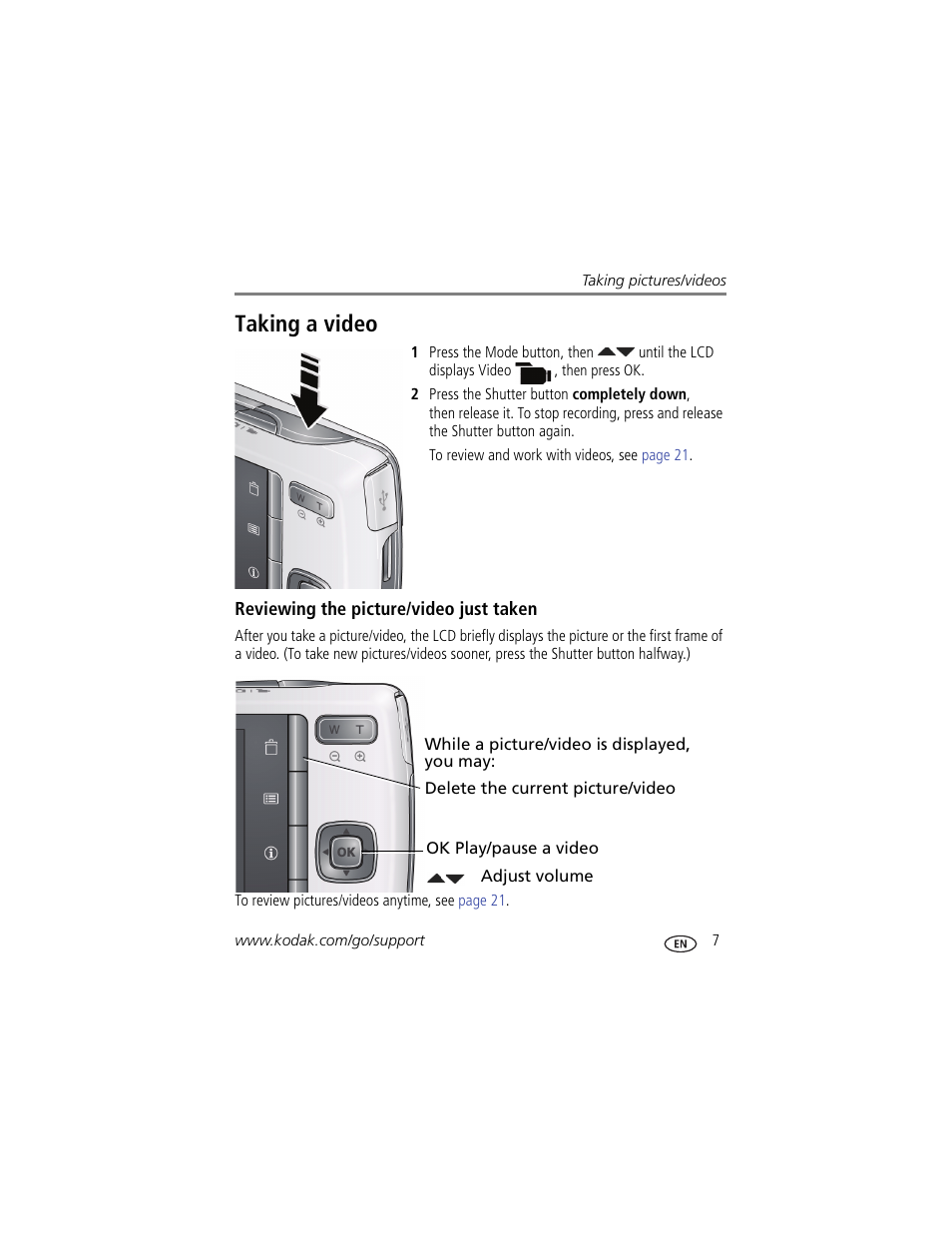 Taking a video, Reviewing the picture/video just taken | Kodak M550 User Manual | Page 13 / 68