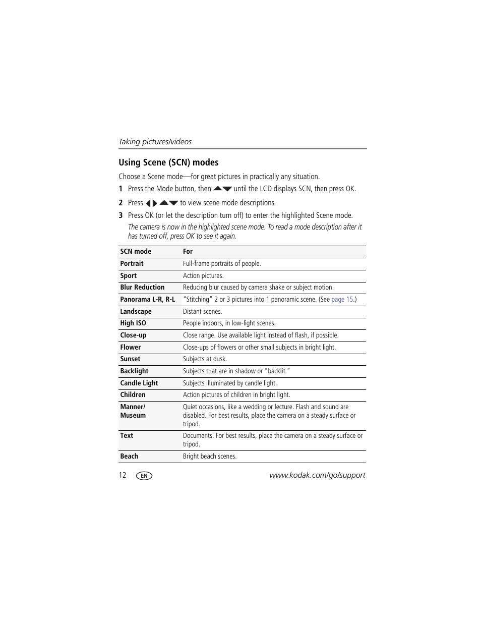 Using scene (scn) modes, Ation. (see | Kodak M550 User Manual | Page 18 / 68