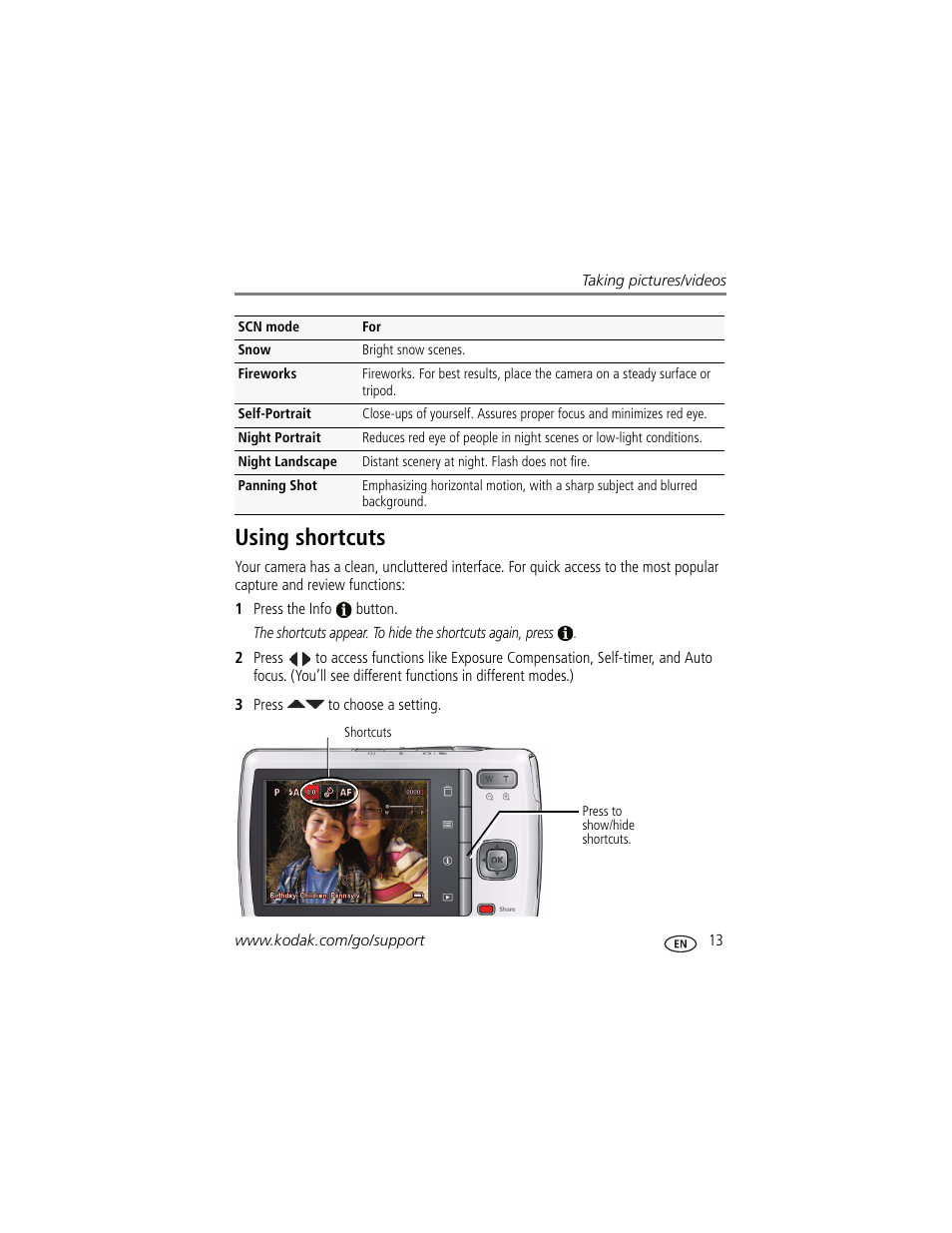 Using shortcuts | Kodak M550 User Manual | Page 19 / 68