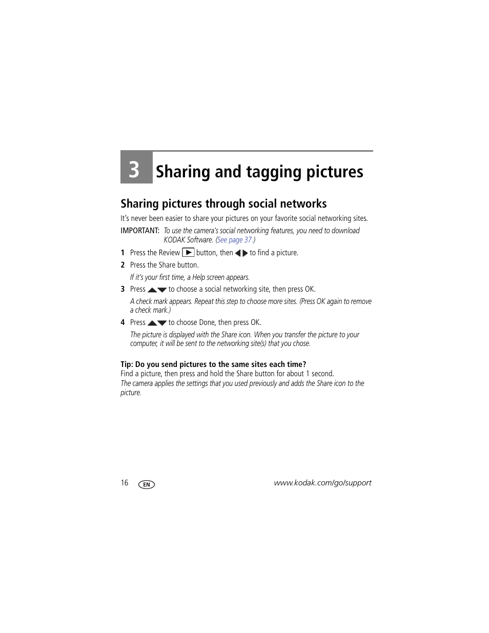 Sharing and tagging pictures, Sharing pictures through social networks, 3 sharing and tagging pictures | Kodak M550 User Manual | Page 22 / 68