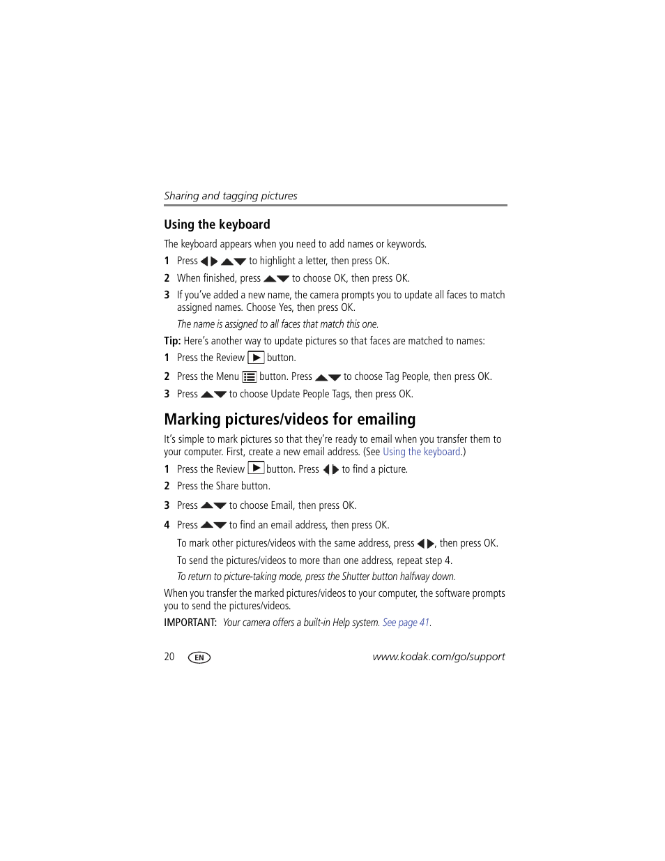 Using the keyboard, Marking pictures/videos for emailing, Using the | To add a n | Kodak M550 User Manual | Page 26 / 68