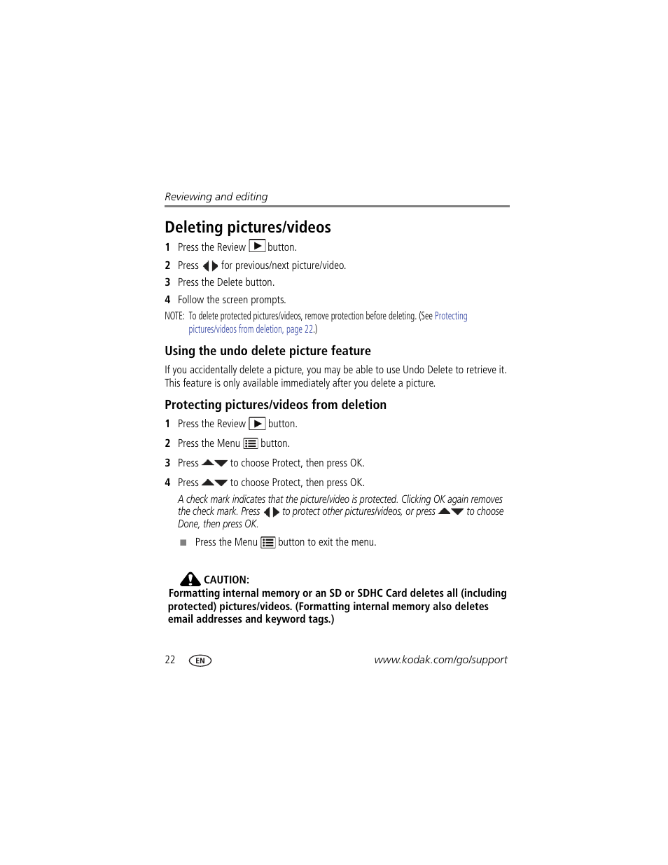 Deleting pictures/videos, Using the undo delete picture feature, Protecting pictures/videos from deletion | Kodak M550 User Manual | Page 28 / 68