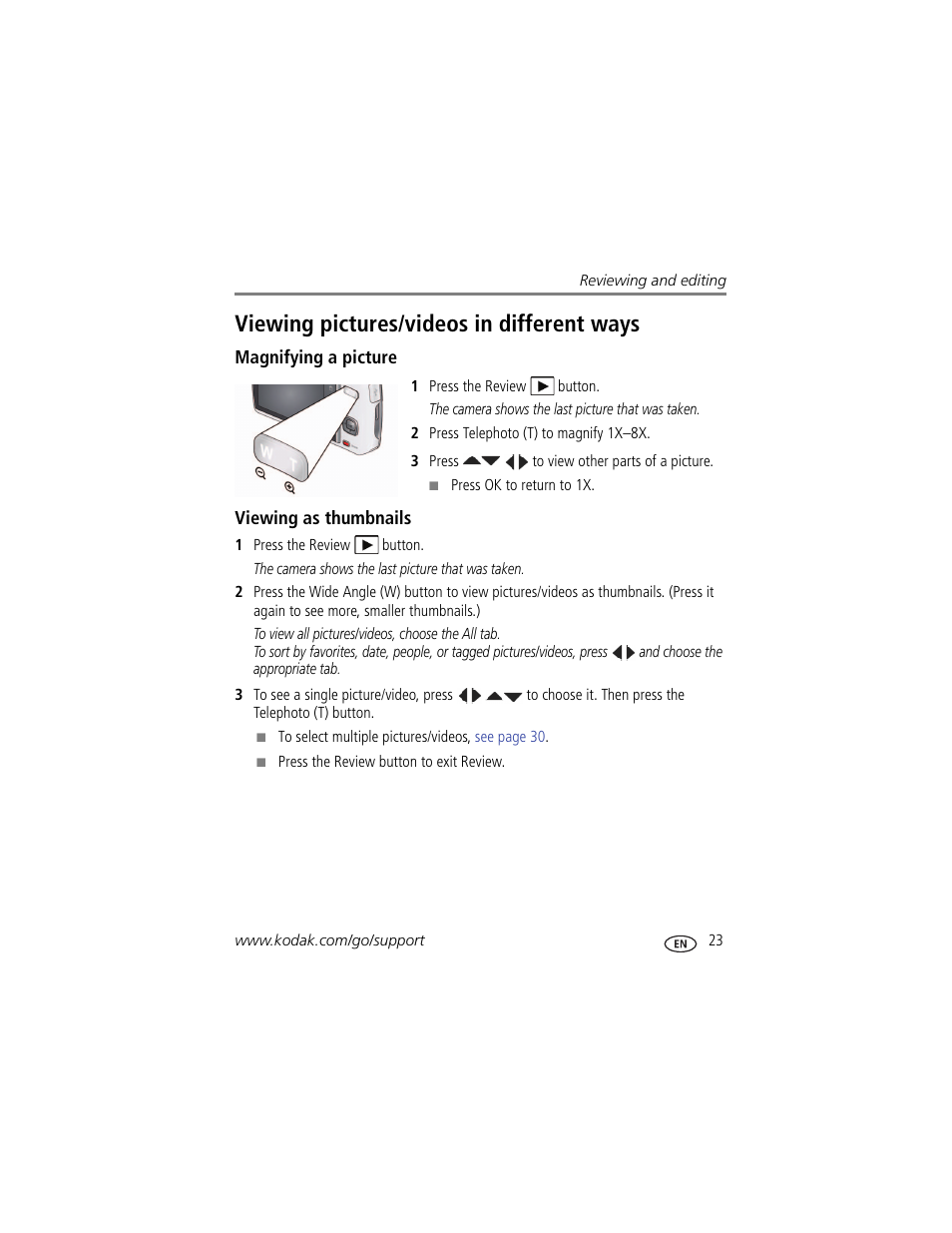 Viewing pictures/videos in different ways, Magnifying a picture, Viewing as thumbnails | Kodak M550 User Manual | Page 29 / 68