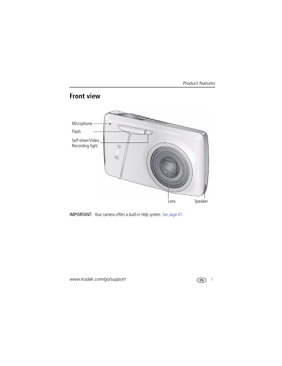 Product features, Front view | Kodak M550 User Manual | Page 3 / 68