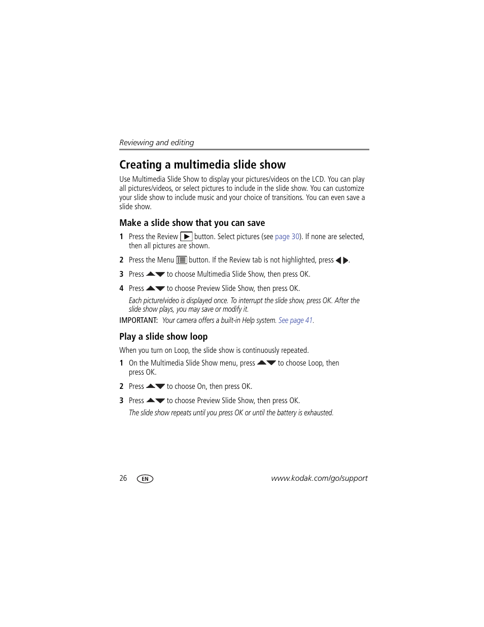 Creating a multimedia slide show, Make a slide show that you can save, Play a slide show loop | Kodak M550 User Manual | Page 32 / 68