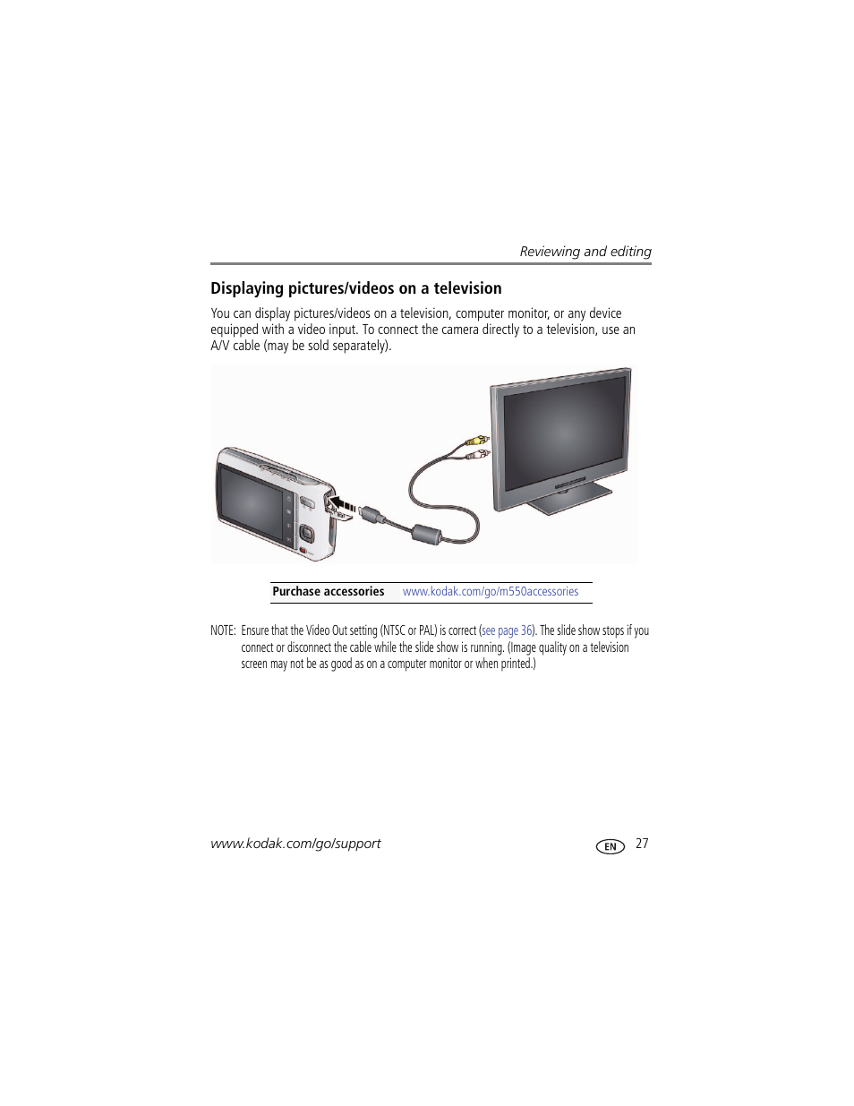 Displaying pictures/videos on a television | Kodak M550 User Manual | Page 33 / 68