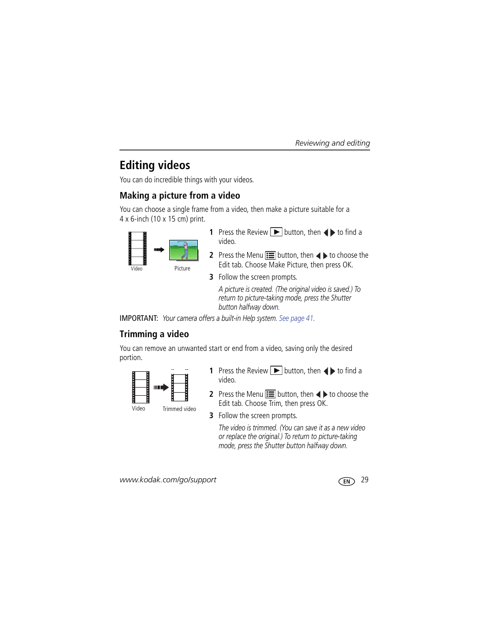 Editing videos, Making a picture from a video, Trimming a video | Kodak M550 User Manual | Page 35 / 68