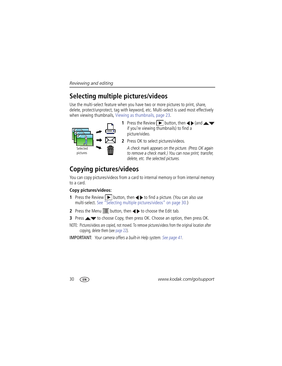 Selecting multiple pictures/videos, Copying pictures/videos | Kodak M550 User Manual | Page 36 / 68