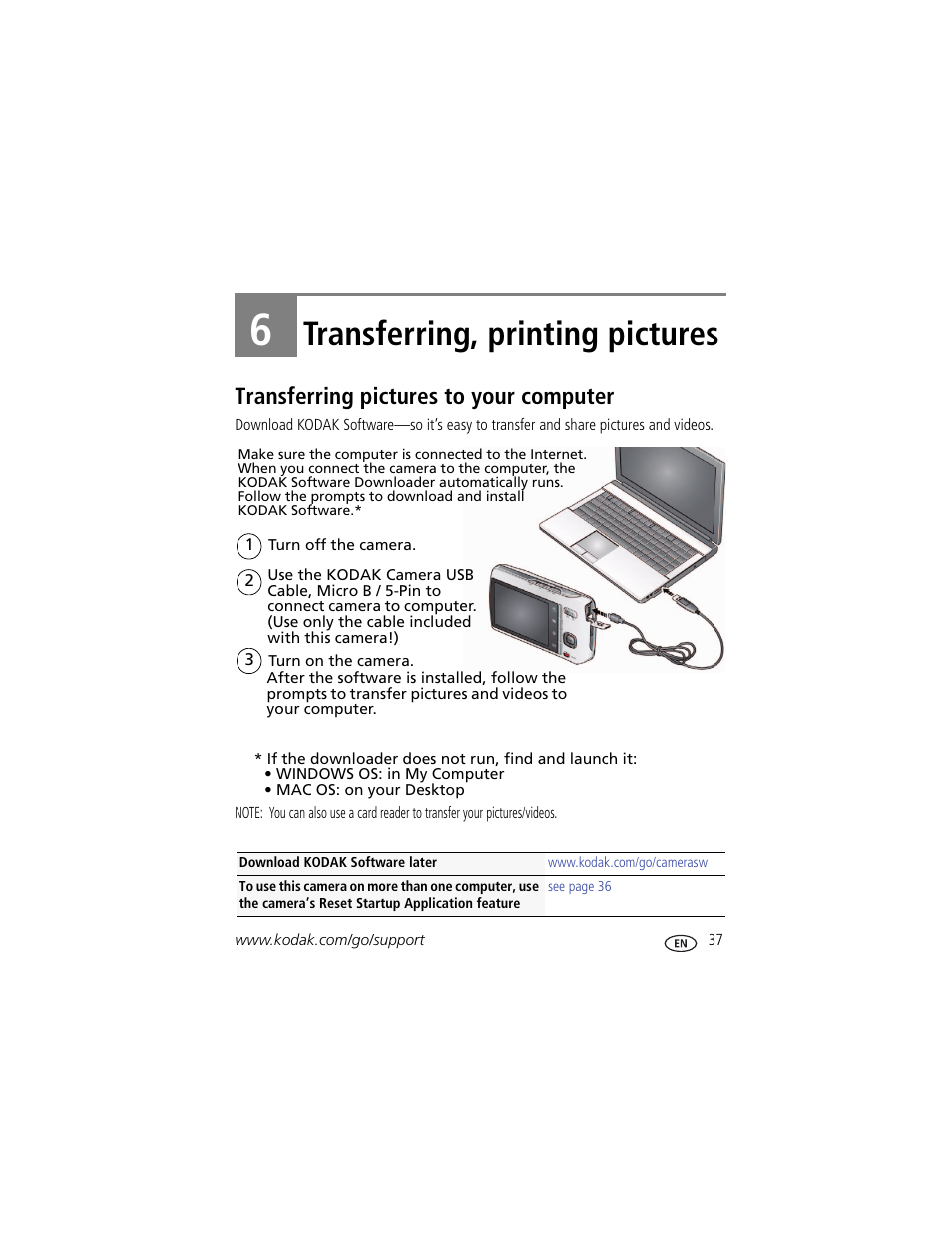 Transferring, printing pictures, Transferring pictures to your computer, 6 transferring, printing pictures | Kodak M550 User Manual | Page 43 / 68