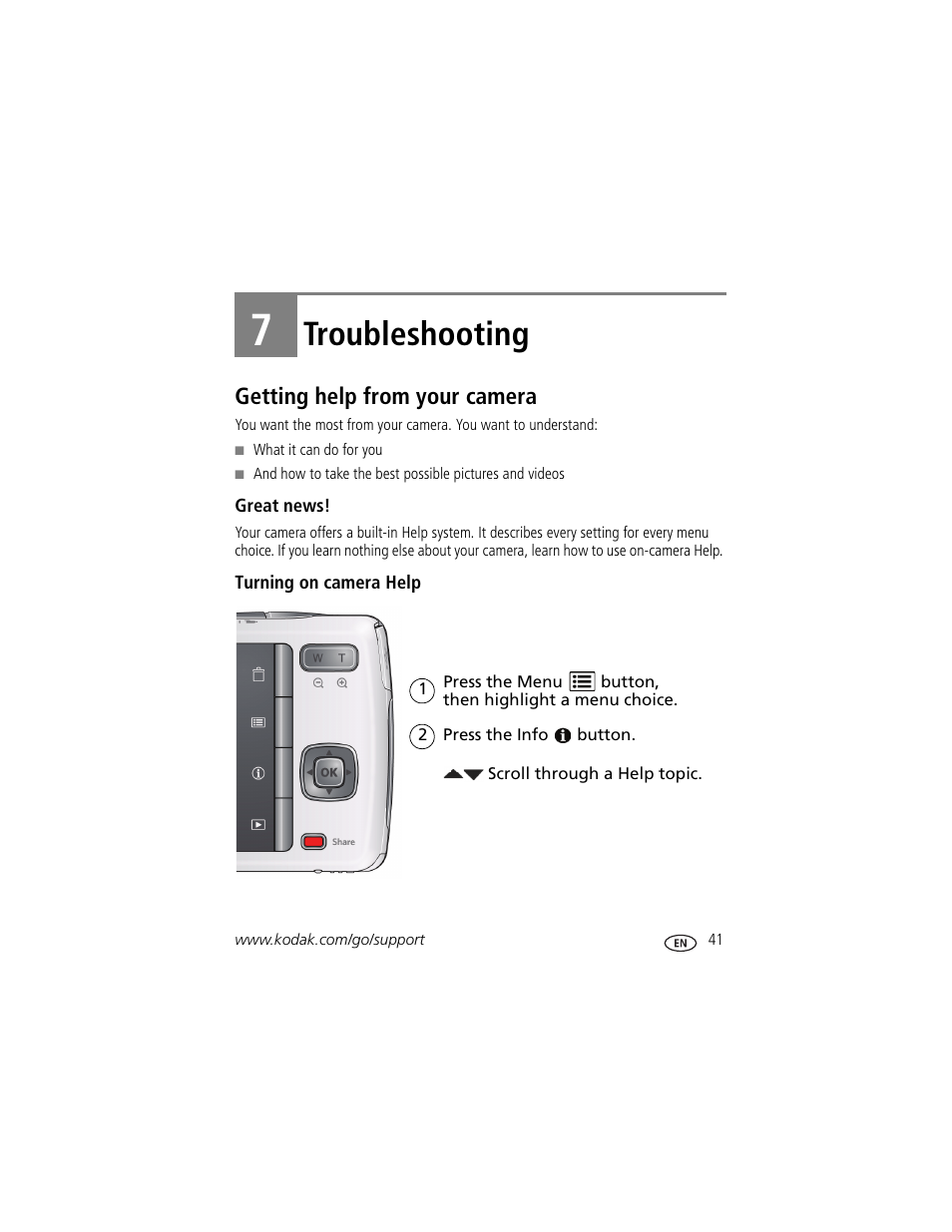 Troubleshooting, Getting help from your camera, Great news | Turning on camera help, 7 troubleshooting, Stem | Kodak M550 User Manual | Page 47 / 68