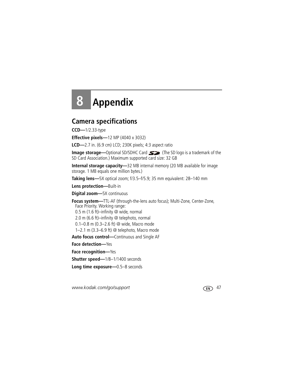 Appendix, Camera specifications, 8 appendix | Kodak M550 User Manual | Page 53 / 68