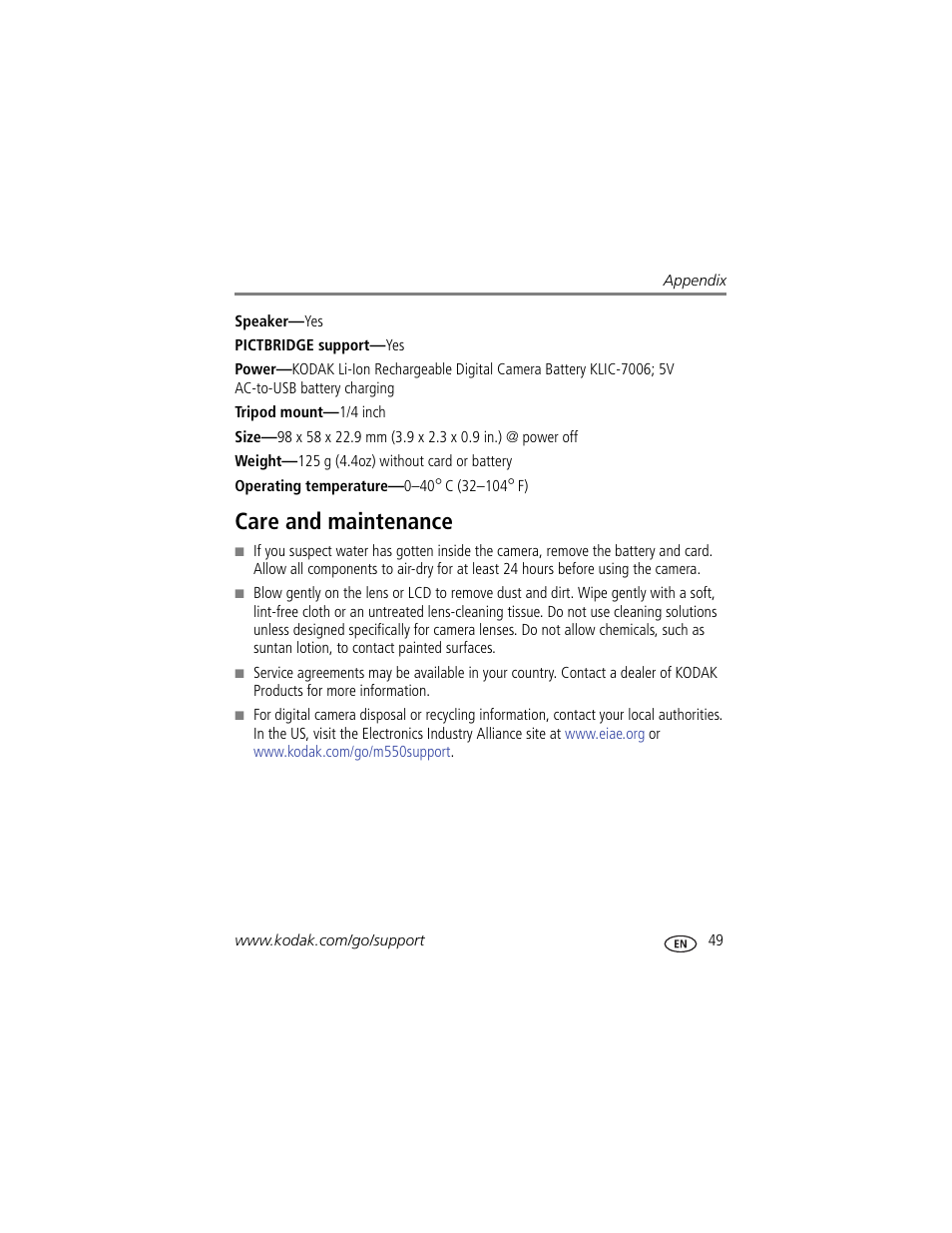 Care and maintenance, The lens | Kodak M550 User Manual | Page 55 / 68