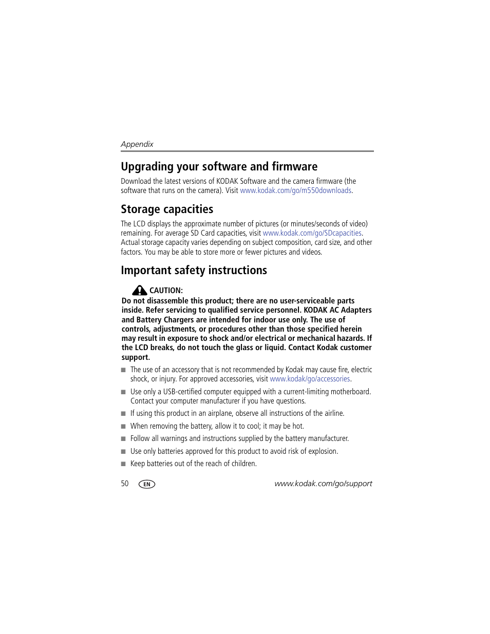 Upgrading your software and firmware, Storage capacities, Important safety instructions | Kodak M550 User Manual | Page 56 / 68