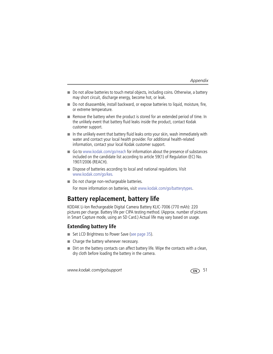 Battery replacement, battery life, Extending battery life, Alled | Kodak M550 User Manual | Page 57 / 68