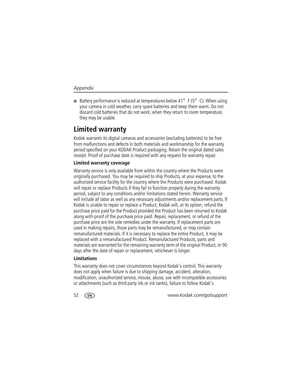 Limited warranty | Kodak M550 User Manual | Page 58 / 68