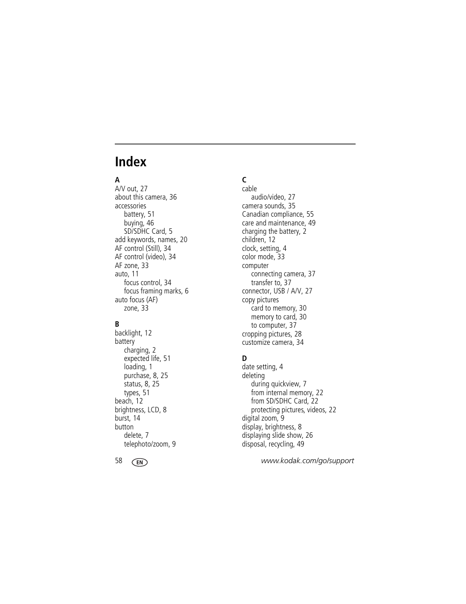 Index | Kodak M550 User Manual | Page 64 / 68