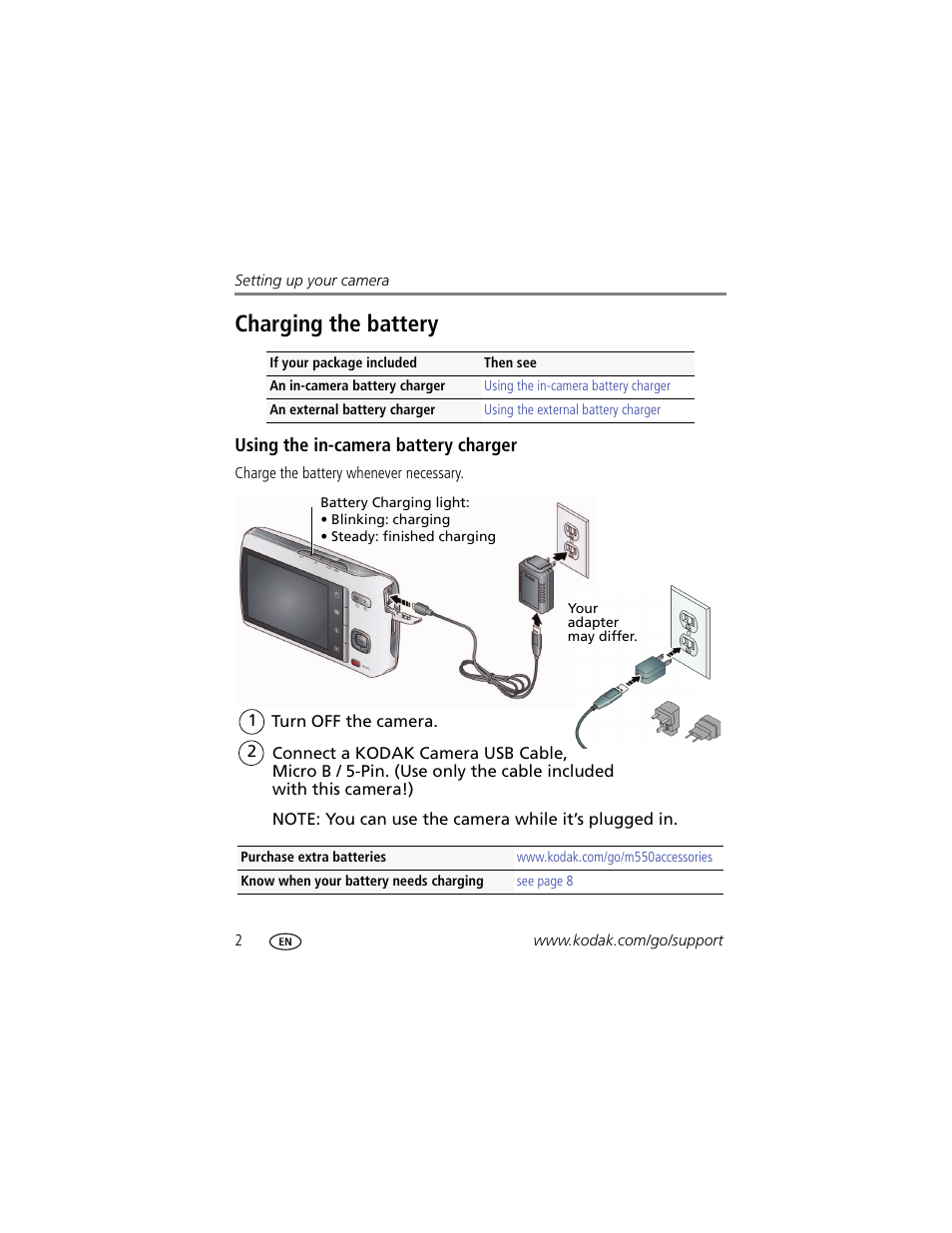 Charging the battery, Using the in-camera battery charger | Kodak M550 User Manual | Page 8 / 68