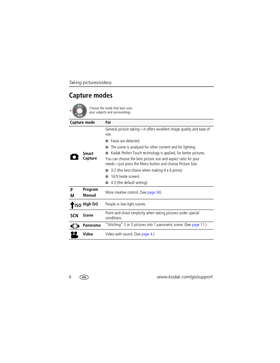 Capture modes | Kodak Z1085 IS User Manual | Page 12 / 78