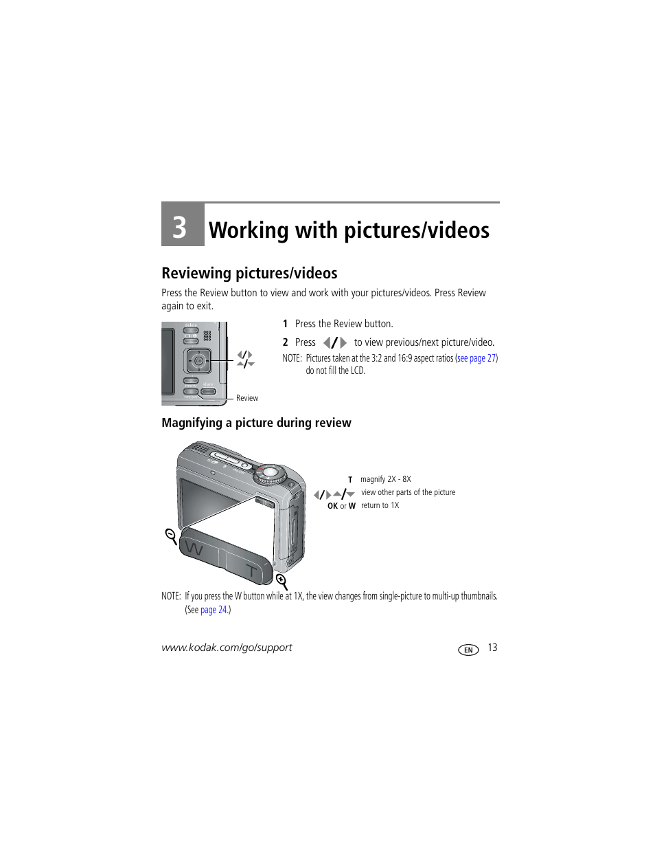 Working with pictures/videos, Reviewing pictures/videos, Magnifying a picture during review | 3 working with pictures/videos | Kodak Z1085 IS User Manual | Page 19 / 78