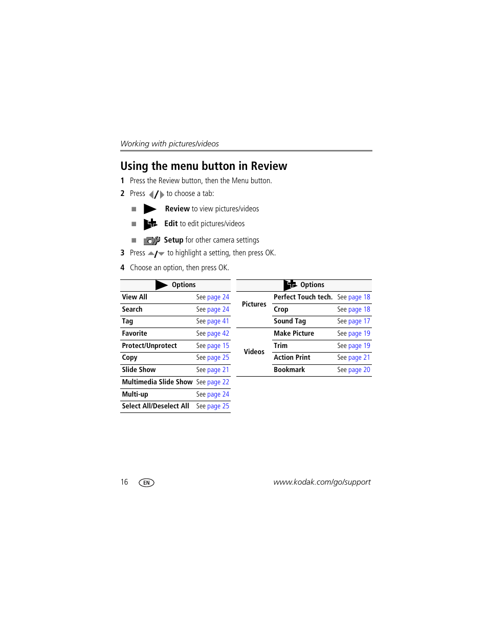Using the menu button in review | Kodak Z1085 IS User Manual | Page 22 / 78