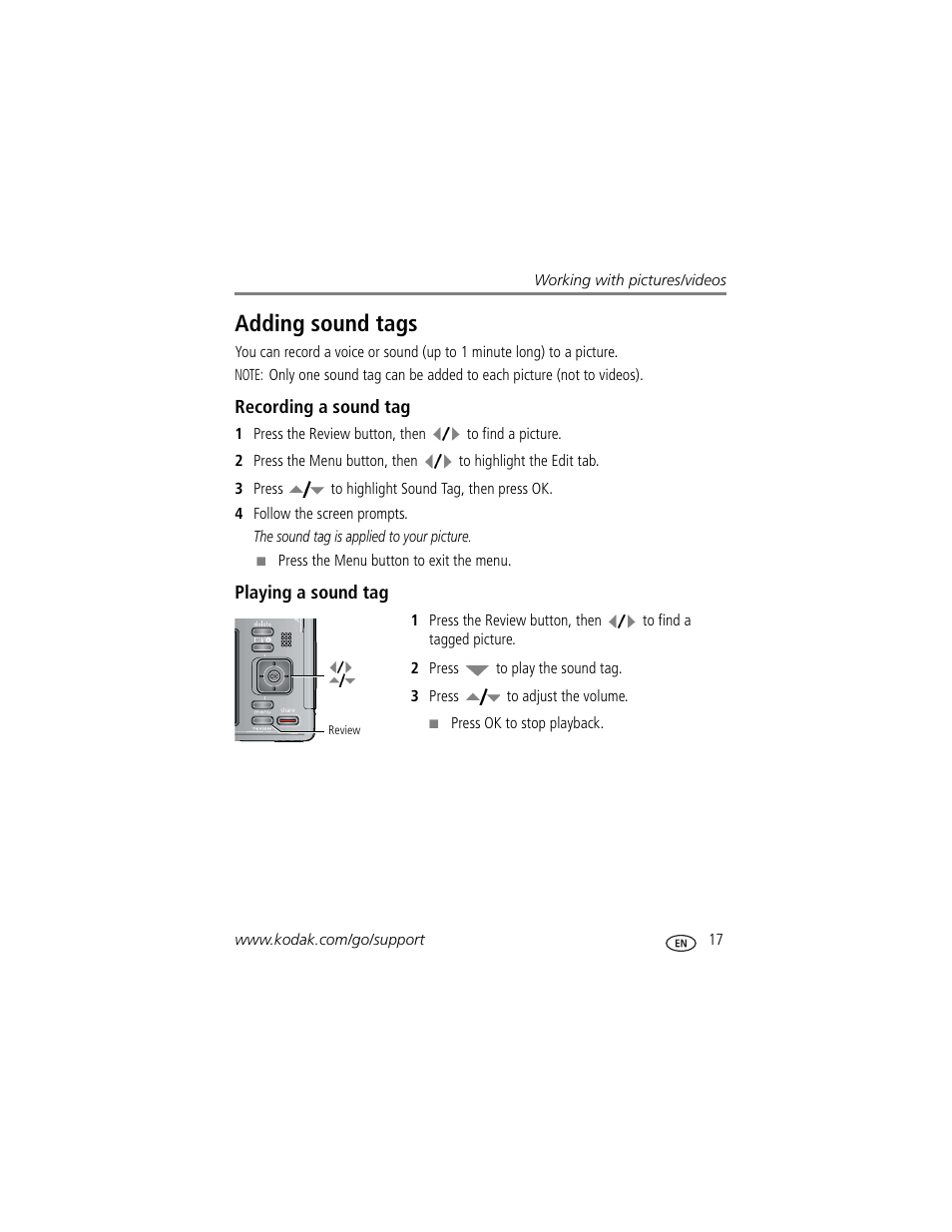 Adding sound tags, Recording a sound tag, Playing a sound tag | Kodak Z1085 IS User Manual | Page 23 / 78