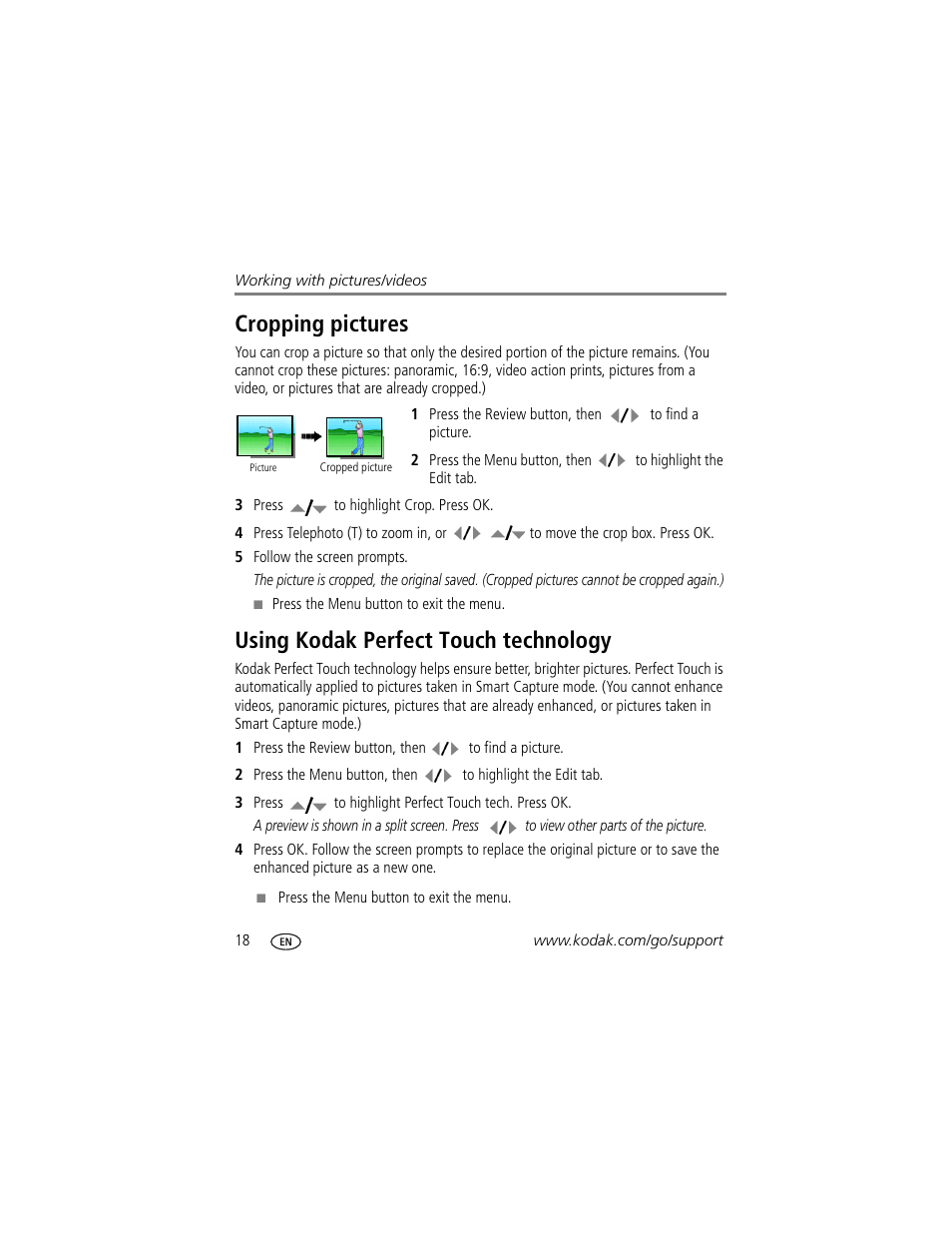 Cropping pictures, Using kodak perfect touch technology | Kodak Z1085 IS User Manual | Page 24 / 78