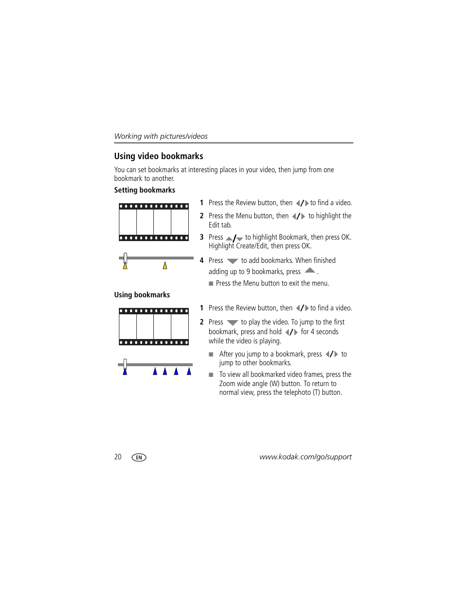 Using video bookmarks, Setting bookmarks, Using bookmarks | Kodak Z1085 IS User Manual | Page 26 / 78