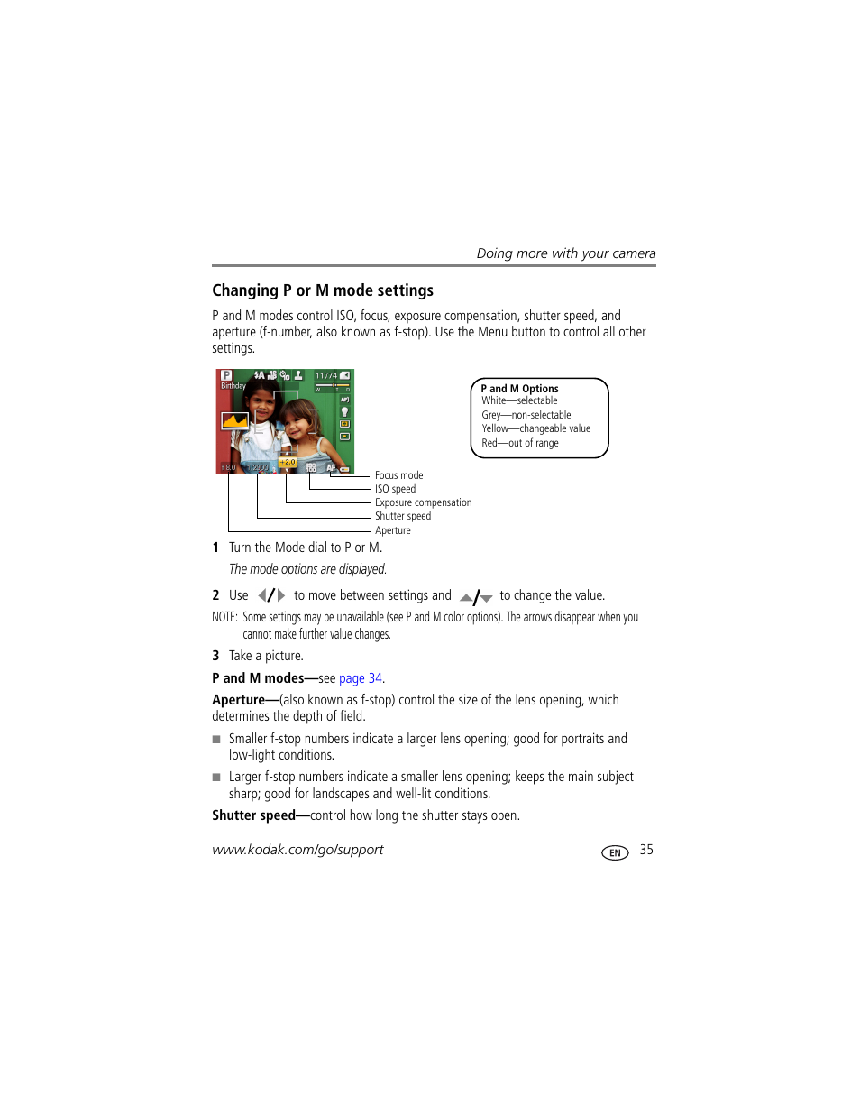 Changing p or m mode settings | Kodak Z1085 IS User Manual | Page 41 / 78