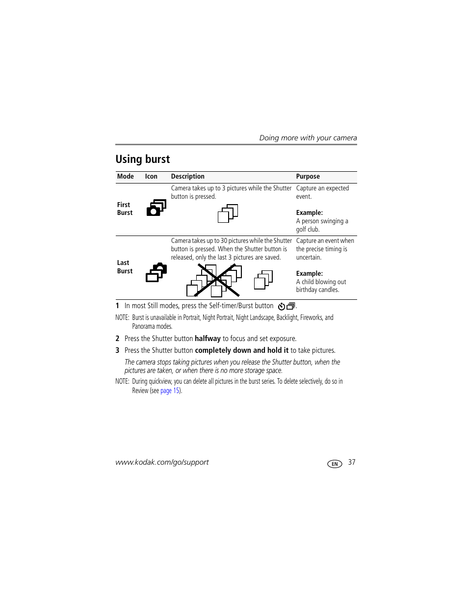 Using burst | Kodak Z1085 IS User Manual | Page 43 / 78