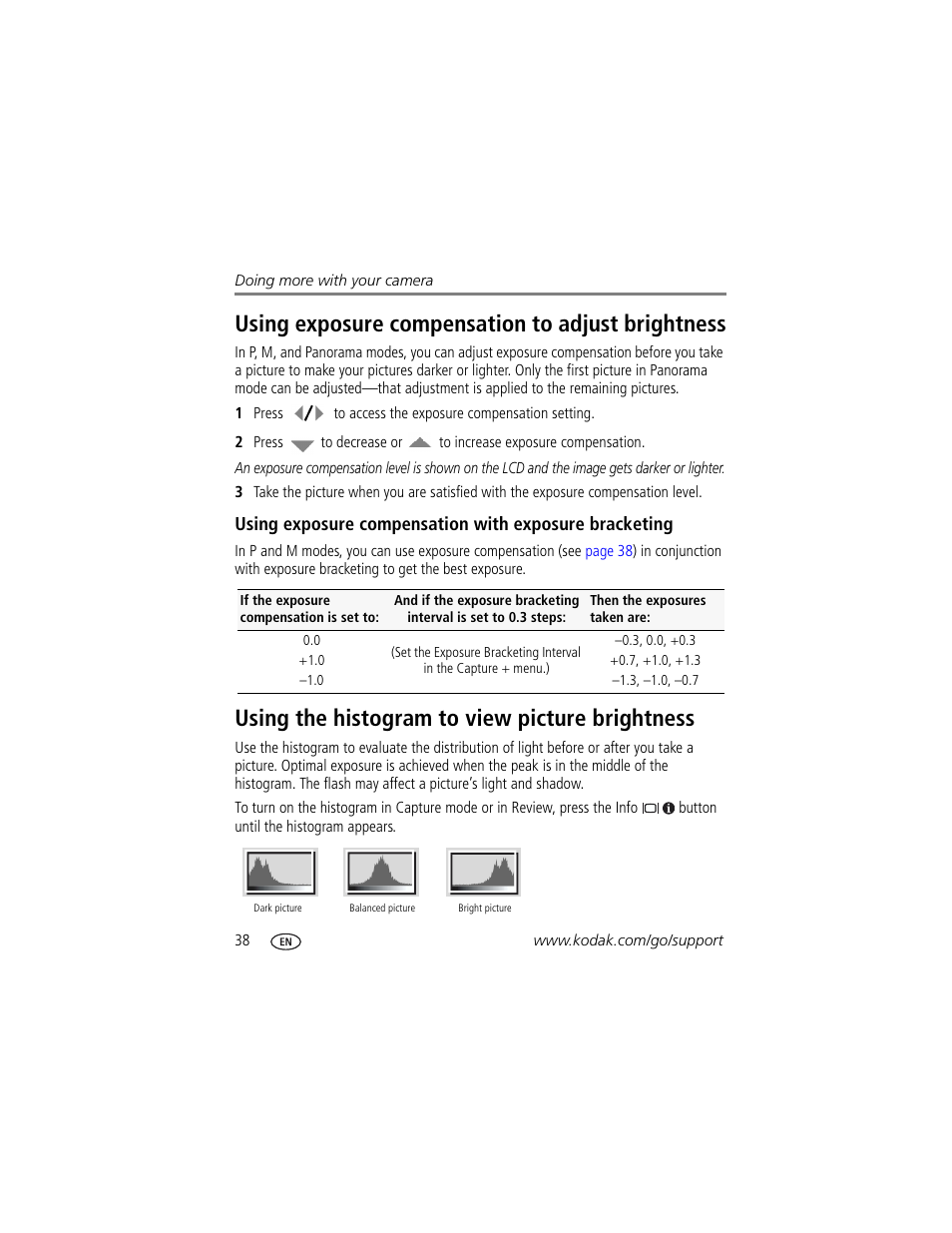 Using exposure compensation to adjust brightness, Using the histogram to view picture brightness | Kodak Z1085 IS User Manual | Page 44 / 78