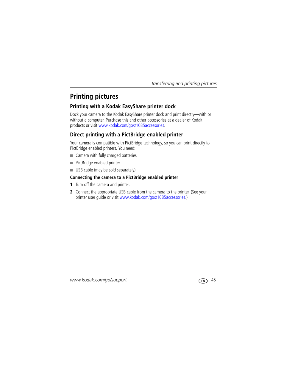 Printing pictures, Printing with a kodak easyshare printer dock, Direct printing with a pictbridge enabled printer | Kodak Z1085 IS User Manual | Page 51 / 78