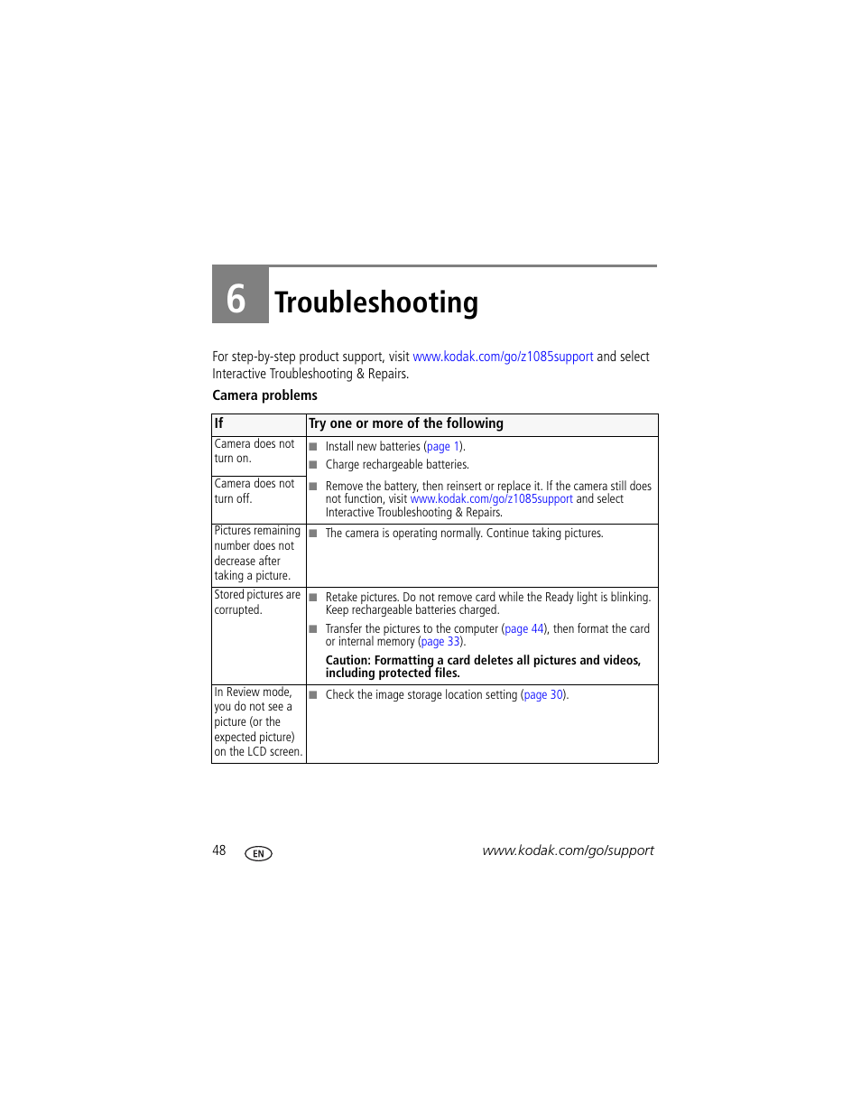 Troubleshooting, 6 troubleshooting | Kodak Z1085 IS User Manual | Page 54 / 78