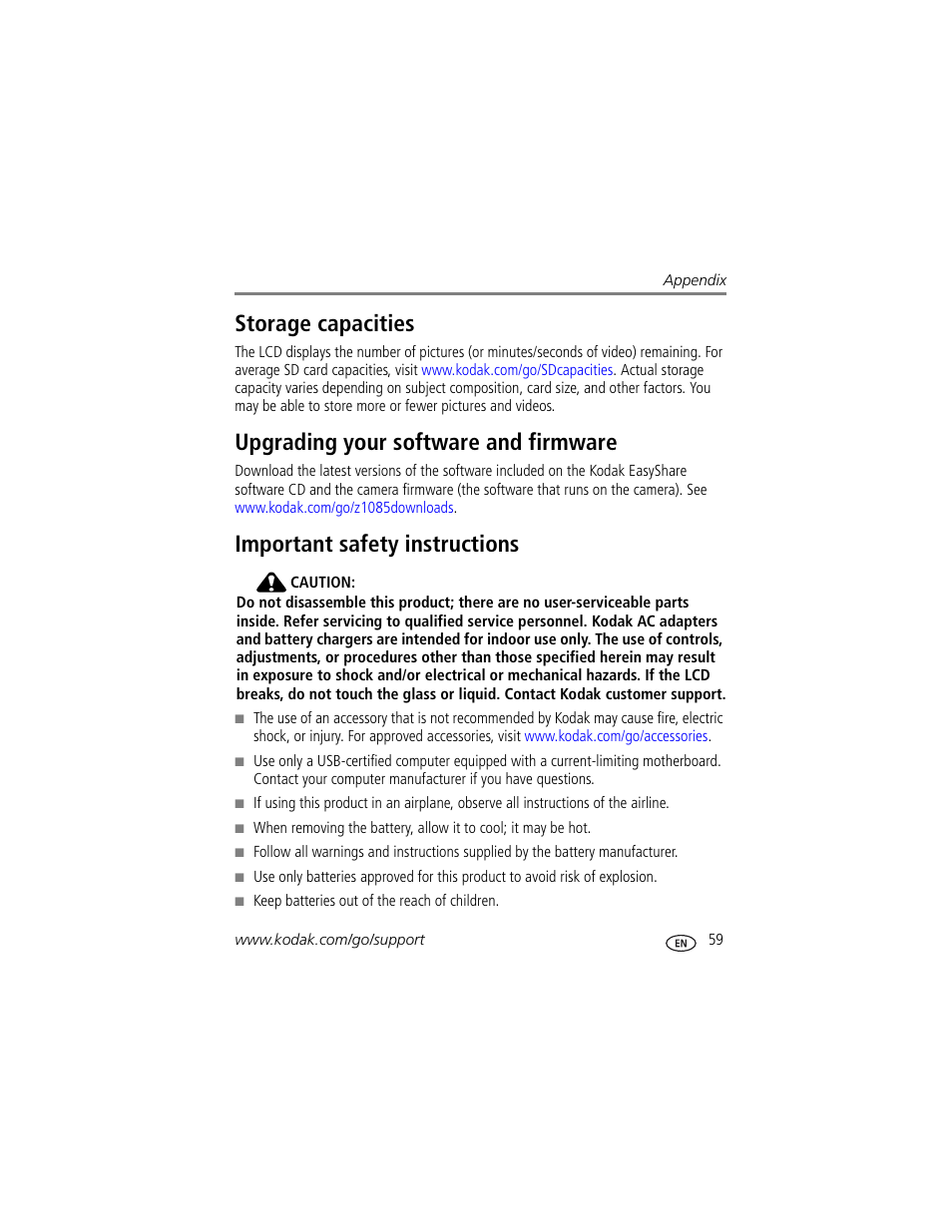 Storage capacities, Upgrading your software and firmware, Important safety instructions | Kodak Z1085 IS User Manual | Page 65 / 78