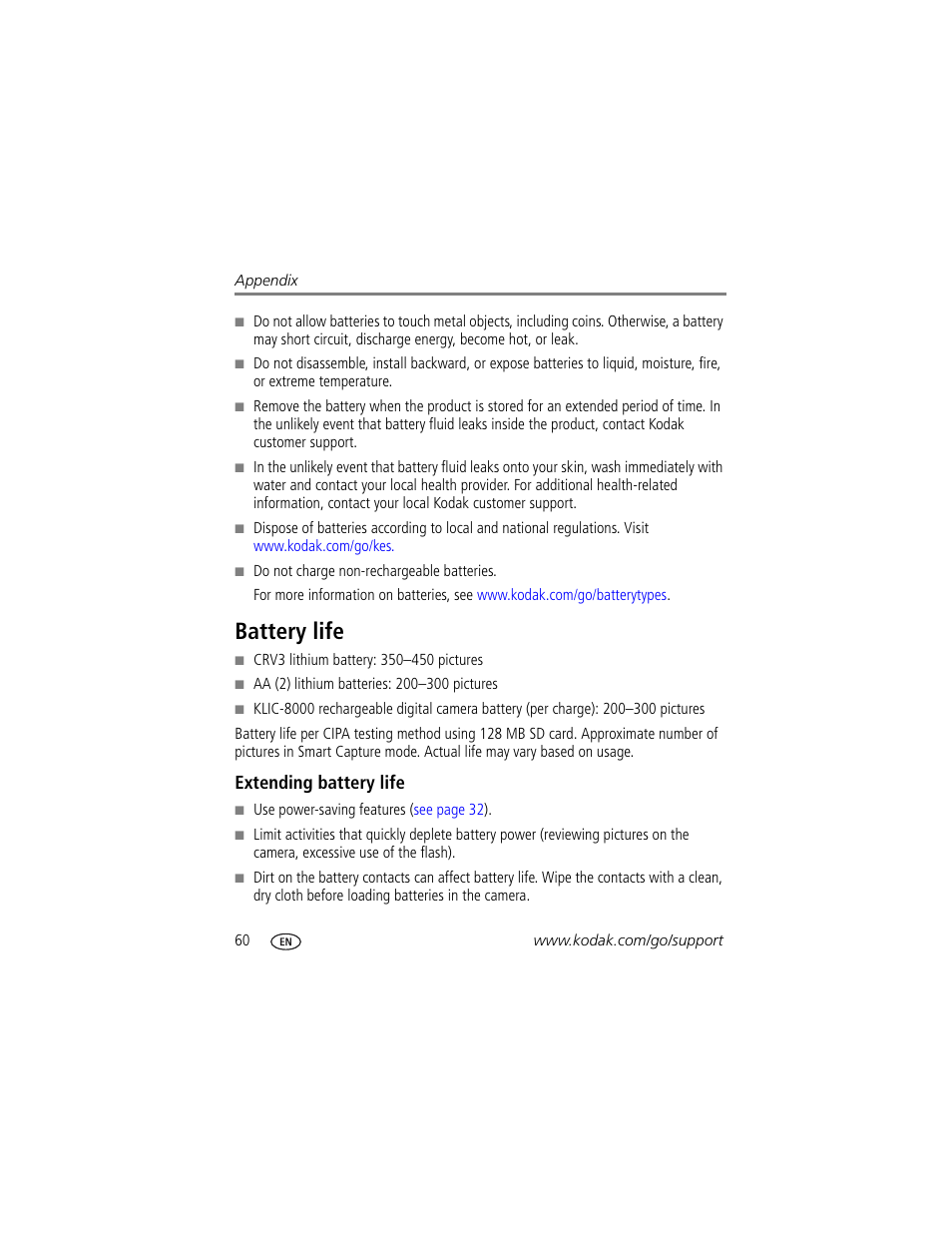Battery life, Extending battery life | Kodak Z1085 IS User Manual | Page 66 / 78