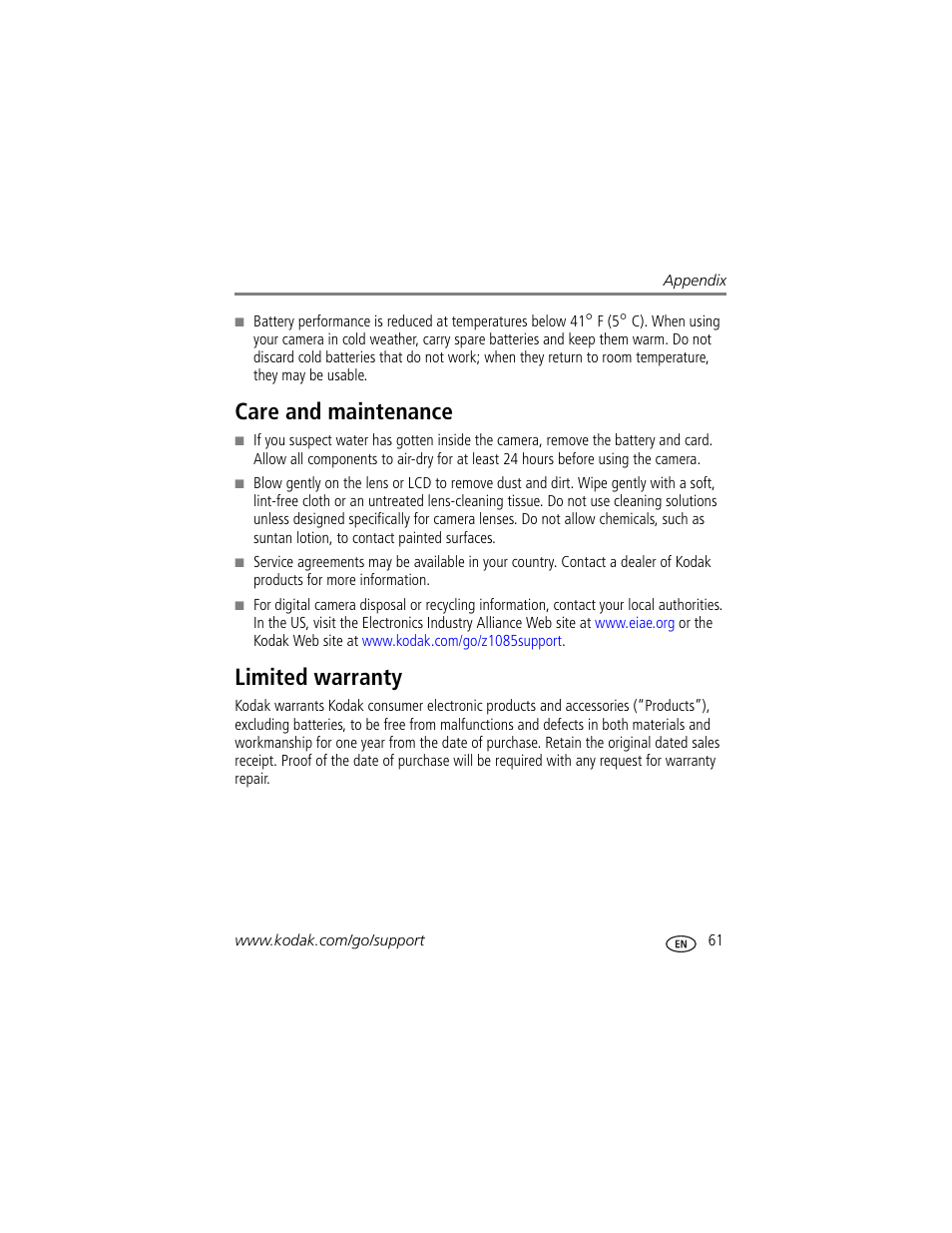 Care and maintenance, Limited warranty, Care and maintenance limited warranty | Kodak Z1085 IS User Manual | Page 67 / 78