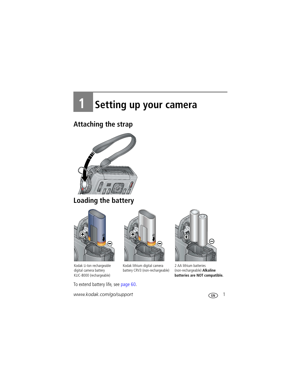 Setting up your camera, Attaching the strap, Loading the battery | 1 setting up your camera, Attaching the strap loading the battery | Kodak Z1085 IS User Manual | Page 7 / 78