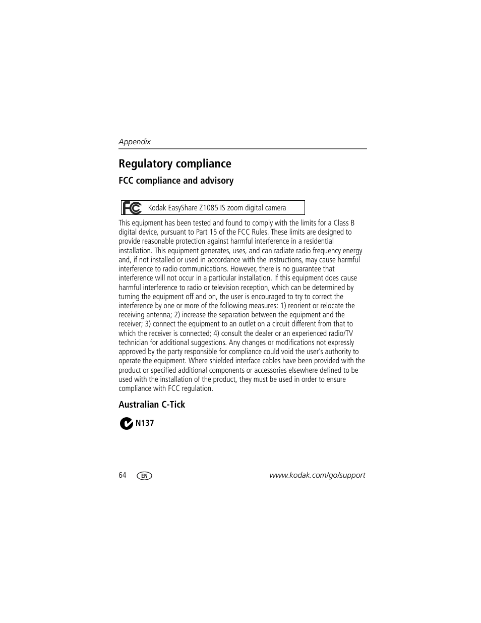 Regulatory compliance, Fcc compliance and advisory, Australian c-tick | Kodak Z1085 IS User Manual | Page 70 / 78
