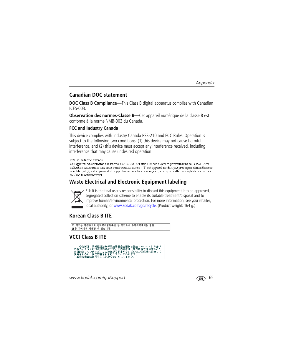 Canadian doc statement, Fcc and industry canada, Waste electrical and electronic equipment labeling | Korean class b ite, Vcci class b ite | Kodak Z1085 IS User Manual | Page 71 / 78