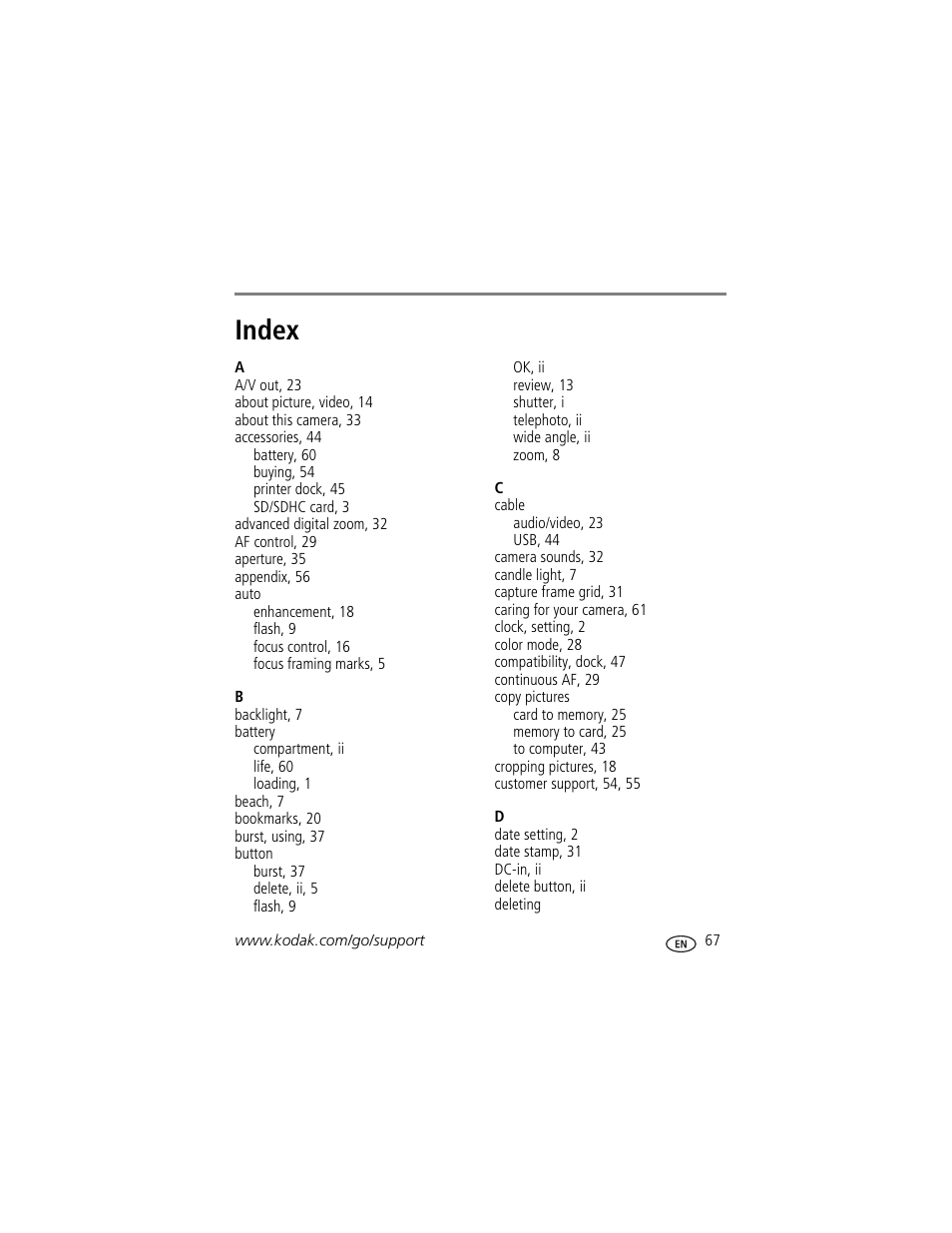 Index | Kodak Z1085 IS User Manual | Page 73 / 78