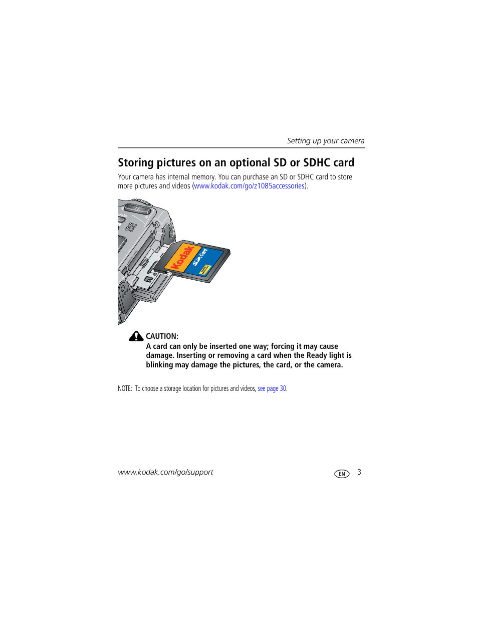 Storing pictures on an optional sd or sdhc card | Kodak Z1085 IS User Manual | Page 9 / 78